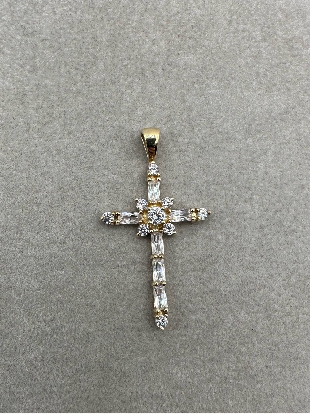 10K Yellow Gold Baguette And Round CZ Cluster Cross Pendant